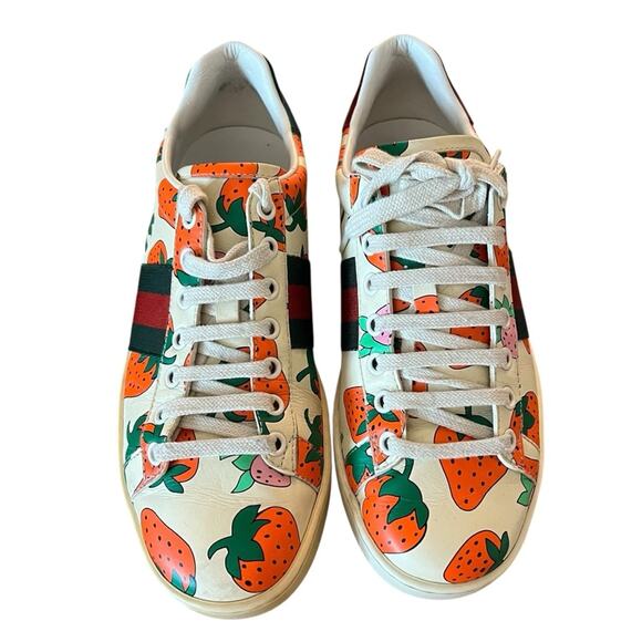 Gucci Ace Strawberry Print Leather Sneakers Low Top Web Stripe EU 37 US 7 - Picture 3 of 14